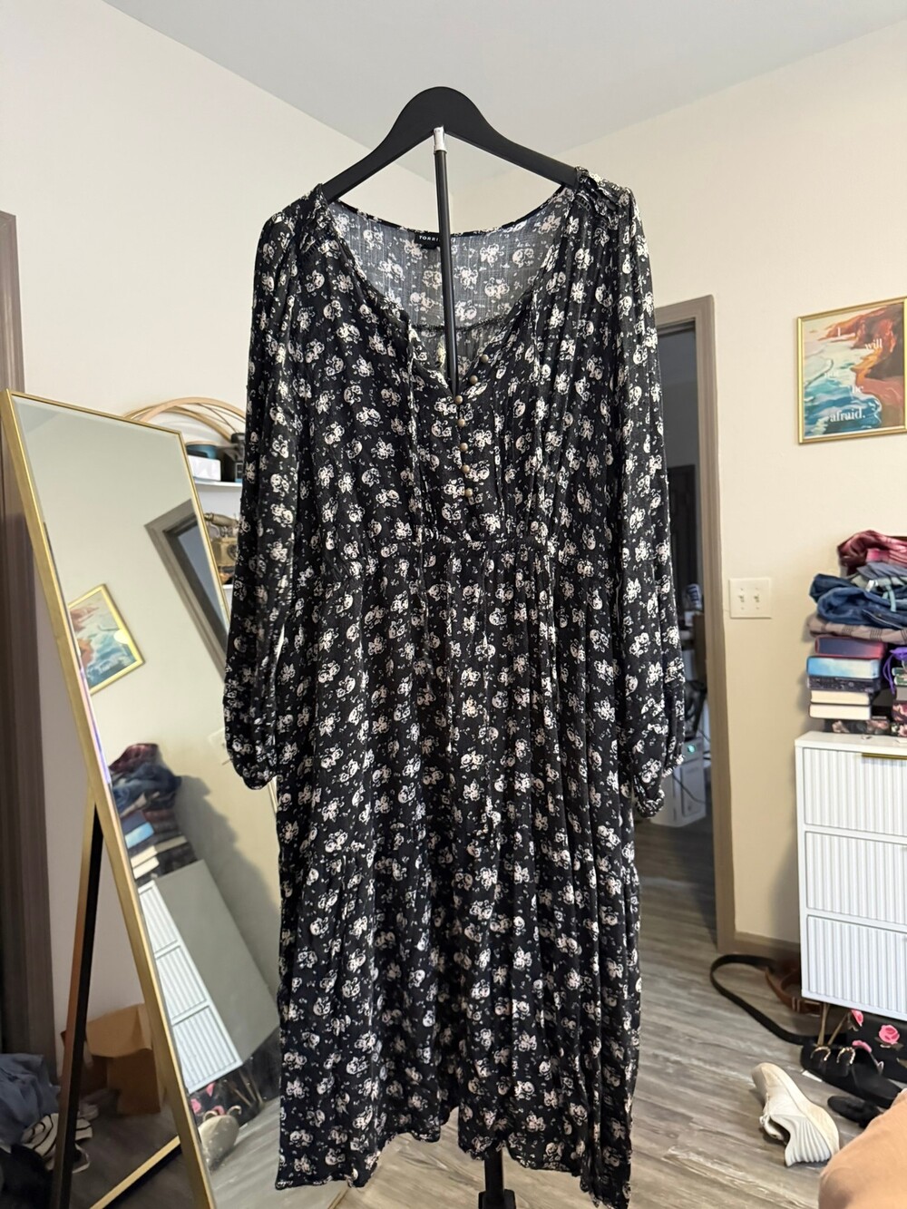 Torrid Size 1 Black Floral Dress Long Sleeve Button Front